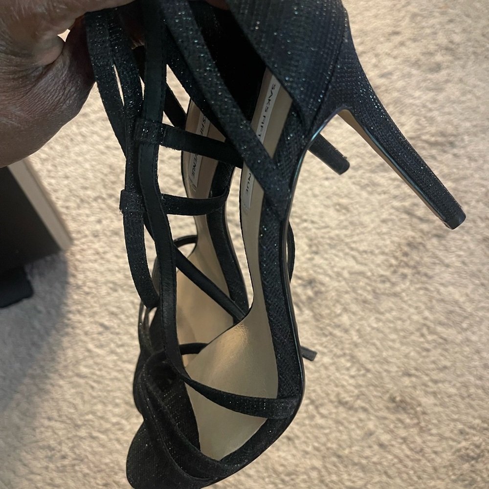 Saks 5th Ave Black glitter dressy Strappy High Heel Sandals. NWT